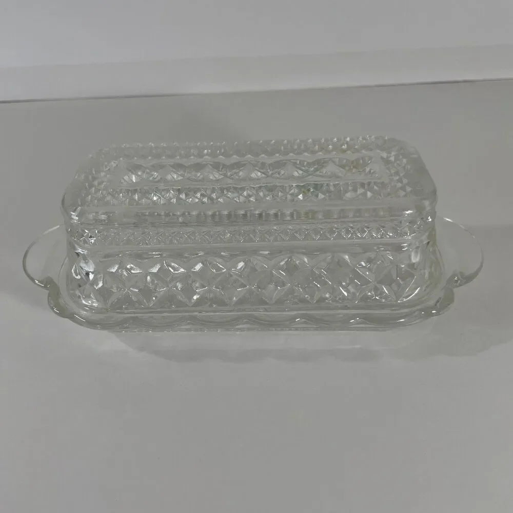 Vintage Wexford Anchor Hocking Glass Covered Butter Dish Diamond Point Pattern